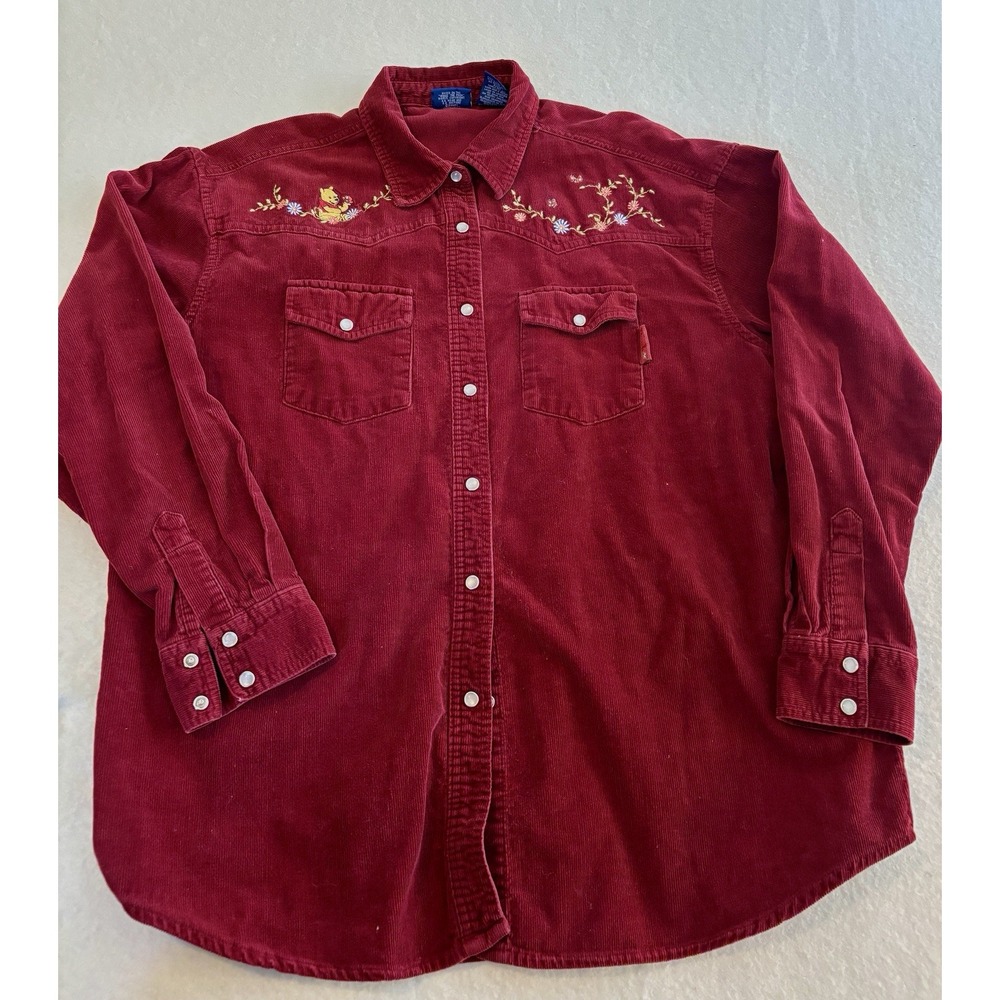 Disney Pooh Women's Dark Red Corduroy Shirt Fall  Large Pearl Snap‎ Embroidered